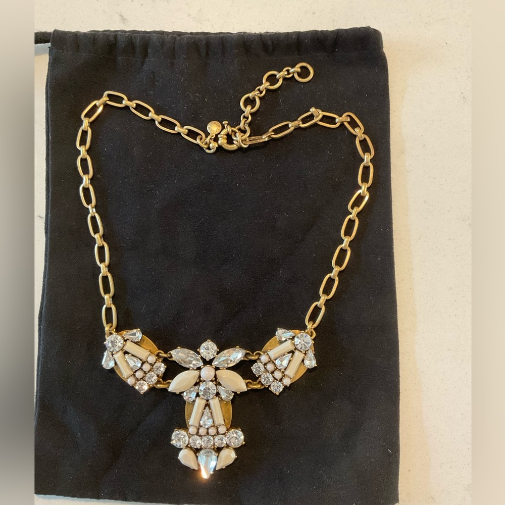J. Crew Statement Necklace Gold Plated with White Acrylic and Cut Glass Stones